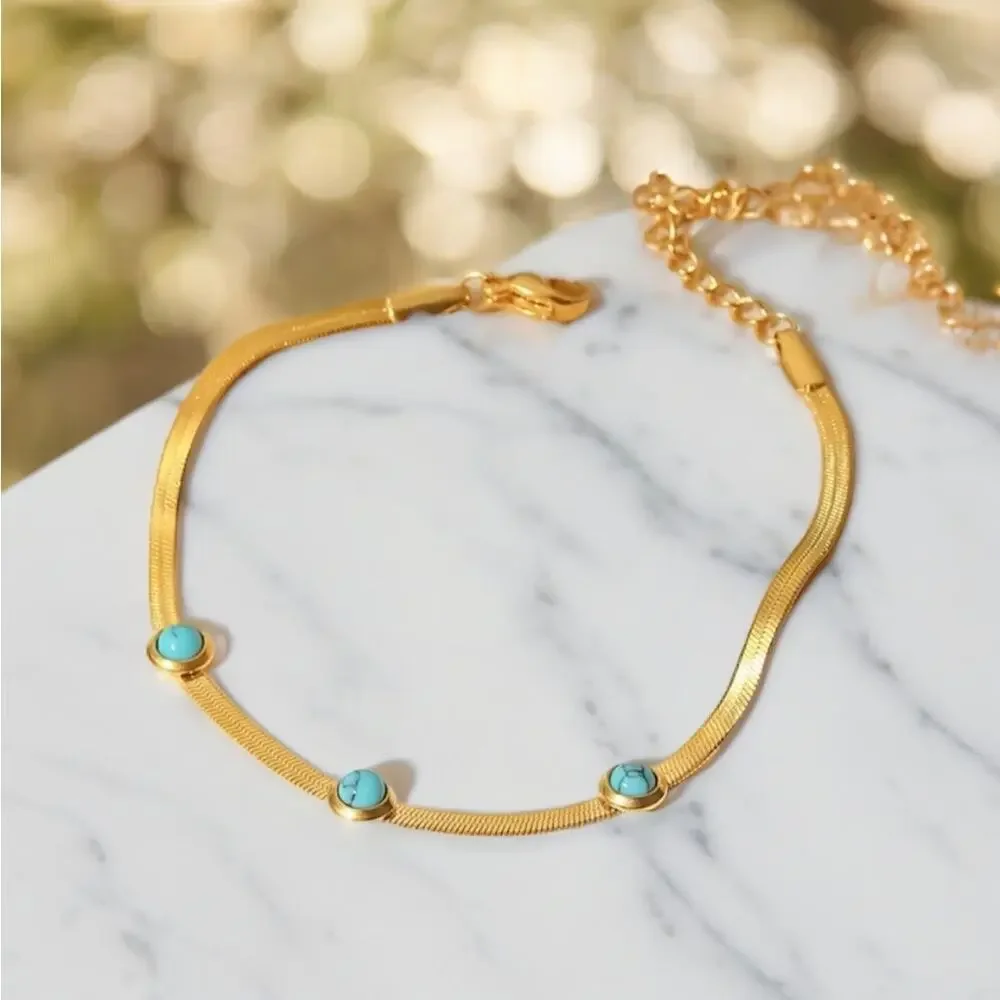 NEW 18k yellow gold plated flat snake chain turquoise bracelet jewelry B27A